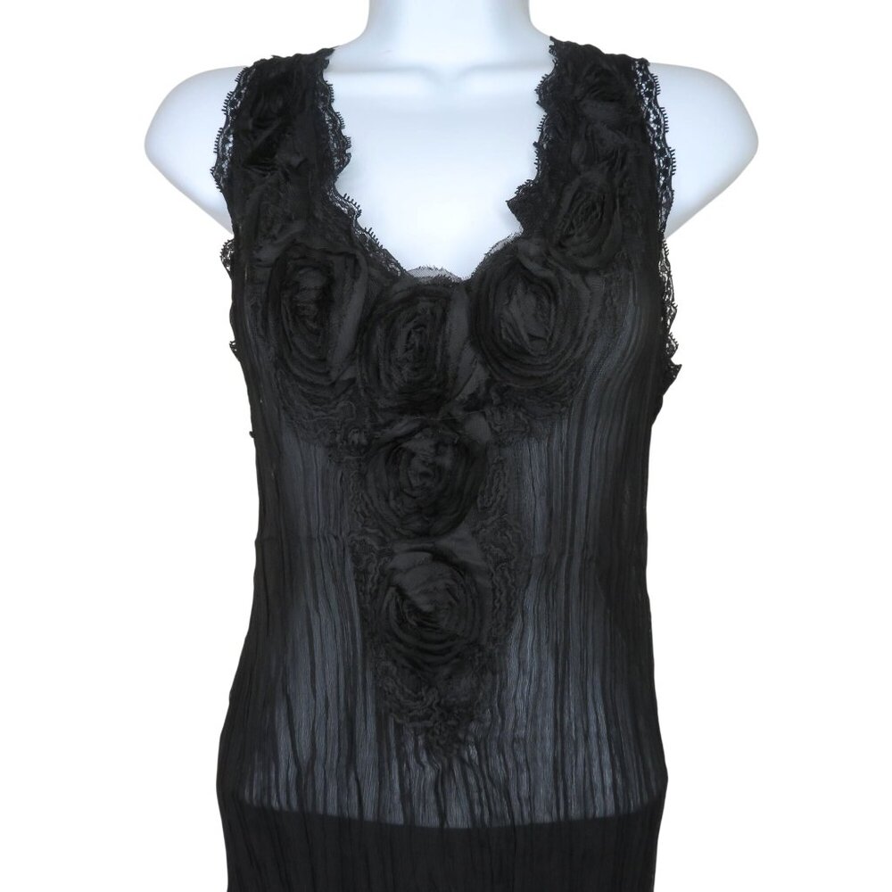 Silk Blend Black Pretty Angel Ruffle Trim Sleeveless Crinkle Blouse Small